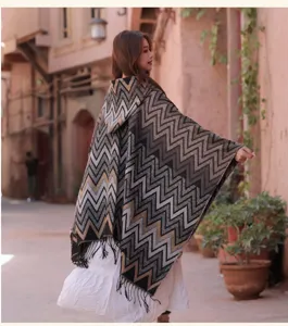 Autumn winter retro ethnic hooded poncho cape for women warm zigzag knitted wrap.