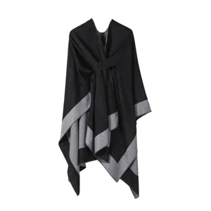 Damen stilvoll schwarz grau Poncho Cape Winter warmer Schal elegante Oberbekleidung Mantel