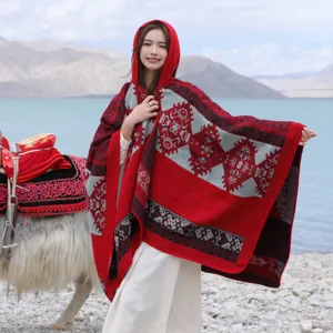 Women Winter Warm Hooded Cape Faux Cashmere Shawl Vintage Ethnic Totem Pattern Open Front Tassel Poncho Cloak Travel