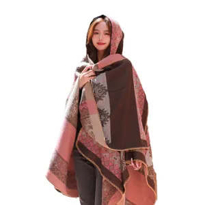 Autumn winter vintage ethnic hooded cloak shawl warm thick geometric cape for women