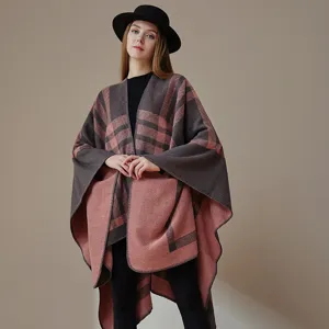 Women winter thick plaid cape shawl stylish open front knitted outerwear warm blanket scarf