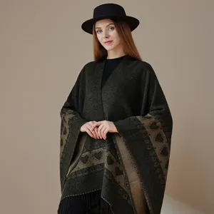 Dark green heart pattern cozy winter warm poncho cape with fringe detailing for women