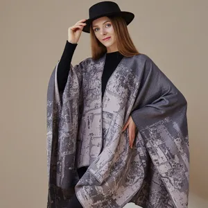 Damen Retro Graffiti Strick warmer Schal Umhang Winter Mode offene Front Oberbekleidung