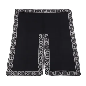 Black winter women poncho cape warm wool blend shawl with grey geometric patterned border