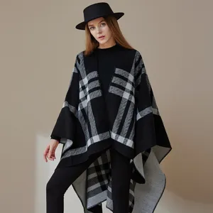 Women's Thickened Knitted Plaid Shawl Double Sided Cape Poncho Warm Winter Cloak Fashion Outerwear Scarf