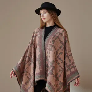 Cozy autumn winter plaid pattern poncho cape stylish warm fringe tassel shawl outer wear for women.