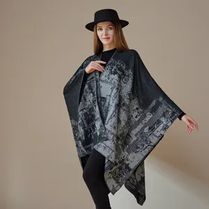Damen Strick Poncho Schal Vintage Graffiti Muster Warme Mode Umhang Oberbekleidung Winter