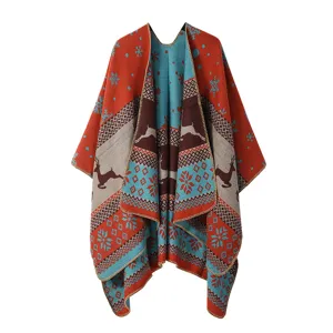 Christmas Reindeer Pattern Knitted Poncho Winter Warm Ethnic Style Cape Shawl Coat
