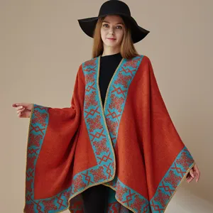Women winter warm imitation cashmere cape shawl with ethnic print open front outerwear