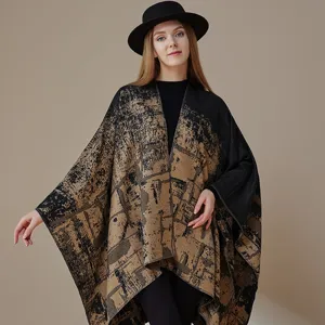 Retro Mode Graffiti Strick warmer Schal Cape, stilvolle Oberbekleidung für Damen.