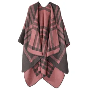 Women winter warm knit plaid cape shawl stylish open front reversible blanket wrap scarf