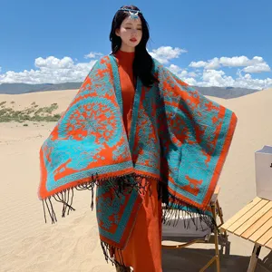 Damen Herbst Winter warme ethnische Stil gedruckte Umhang Schal vielseitige Mode