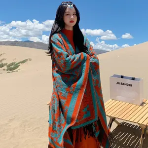 Damen ethnischer stil warmer schal umhang, herbst winter mode fransen poncho schal.