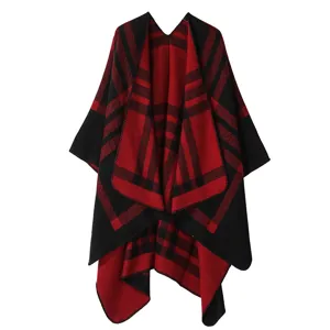 Classic red and black plaid cape women winter warm knitted shawl fashion poncho outerwear.