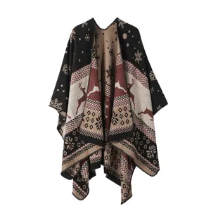 Ethnic style reversible cashmere-like winter Christmas cape shawl detailed view.