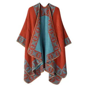 Women winter warm imitation cashmere shawl ethnic geometric pattern cozy thick open front cape coat