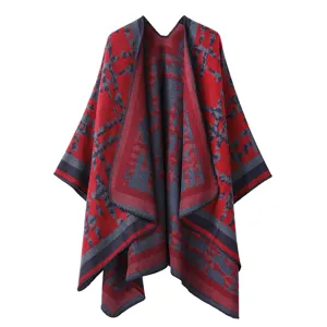 Knit open front poncho cape, red grey abstract patterned stylish warm outerwear winter shawl.