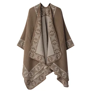 Winter women's imitation cashmere shawl detail, elegant brown geometric patterned cape.