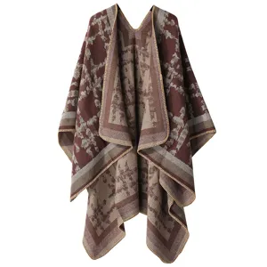 Detailed view of the brown autumn winter plaid wool-feel poncho cape, cozy textured fabric.
