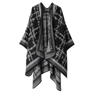Women autumn winter black grey plaid knit cape shawl open front poncho warm cozy coat outerwear