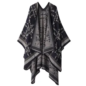 Women's autumn winter knit poncho cape, imitation cashmere shawl with stylish stripe border.