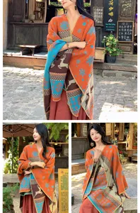 Mongolian ethnic style autumn winter thick cashmere-feel shawl cape with deer snowflake patterns