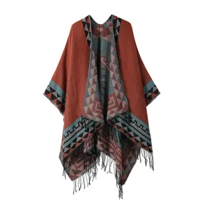 Boho tribal style geometric woven poncho cape shawl detail view with fringe trim fashion.