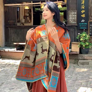 Ethnic style winter cashmere cape warm Christmas deer pattern shawl fashion cloak outer wear