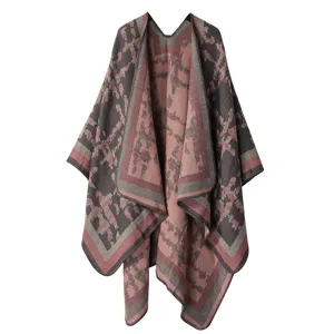 Detail view of the autumn winter plaid imitation cashmere cloak shawl open front cozy outerwear.