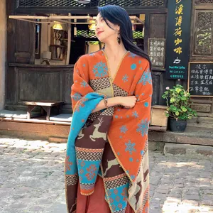 Ethnic style reversible winter cashmere-feel shawl cloak with deer and snowflake print.