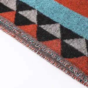Close-up detail shot of bohemian ethnic style woven scarf showing geometric triangle pattern.