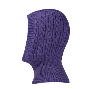 Winter knitted balaclava hooded scarf for women and men, warm purple thermal hat.