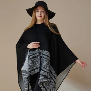Women Faux Cashmere Shawl Cape Winter Warm Thickened Blanket Scarf Open Front Poncho Wrap Casual Tassel Design Outerwear