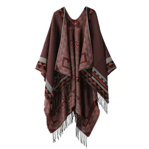Bohemian geometric knit poncho cape shawl with fringe stylish tribal wrap sweater outer wear