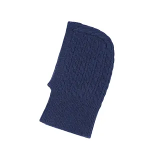 Dark blue knitted balaclava hooded scarf winter warm cable knit pullover hat for men.