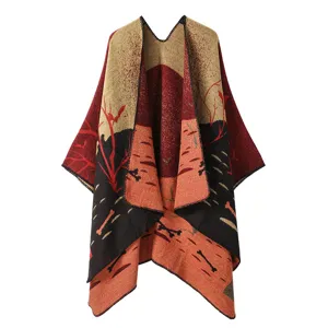 Ethnic style knit shawl cape, autumn winter warm woolen poncho outer wear for women.