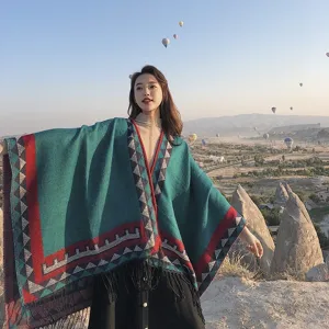 Bohemian ethnic style tassel cape shawl coat women retro geometric pattern outer wear winter fashion