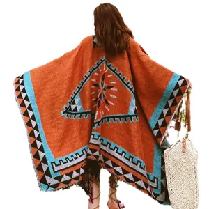 Bohemian ethnic style print poncho cloak shawl, stylish travel wear tassel outer wear.