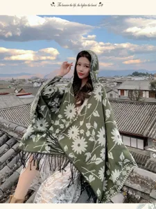 Vintage floral ethnic hooded cashmere-feel cape warm thick shawl for travel outerwear