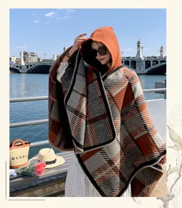Womens autumn winter warm thickened plaid hooded cape poncho casual ethnic shawl coat