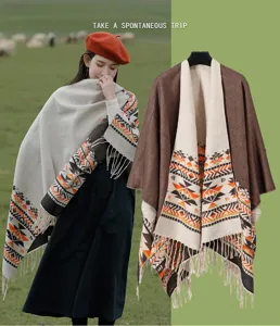 Scialle diviso double-face in eco-cashmere stile etnico mantella invernale calda