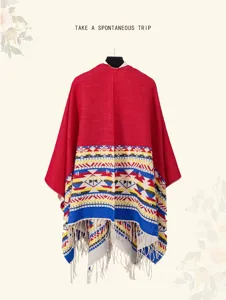 Donna inverno etnico blocco colore imitazione cashmere poncho scialle mantella dettagli