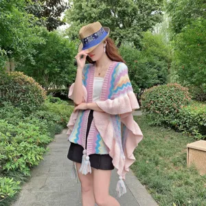 Boho knit shawl cardigan with fringe tassel and colorful wave pattern for women daily wear