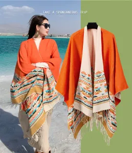 Donna stile etnico effetto cashmere scialle bicolor spaccato mantella invernale