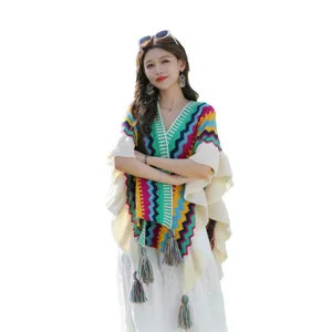 Colorful ethnic knitted poncho with fringe tassels for women warm winter outerwear shawl