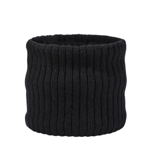 Detailed view of winter thick black knitted neck warmer, cozy fleece thermal tube scarf.