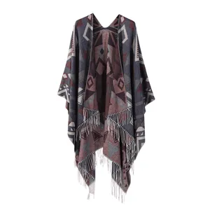 Böhmischer geometrischer Quasten Umhang Strickjacke stylisch offener warmer Damenschal