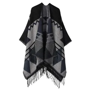 Geometric pattern tassel women poncho cape autumn winter warm cashmere feel wrap shawl