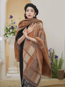 Autumn winter vintage plaid tassel shawl sweater poncho knitted cape scarf for women cozy chic