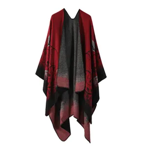 Women's Autumn Winter Retro Ethnic Style Knitted Shawl Thickened Warm Cape Cloak Floral Print Fashion Outerwear